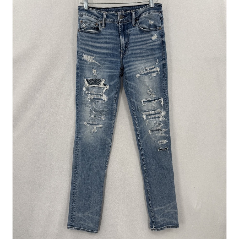 American Eagle Jeans Mens 30x34 Blue Airflex 360 Distressed Patchwork Slim